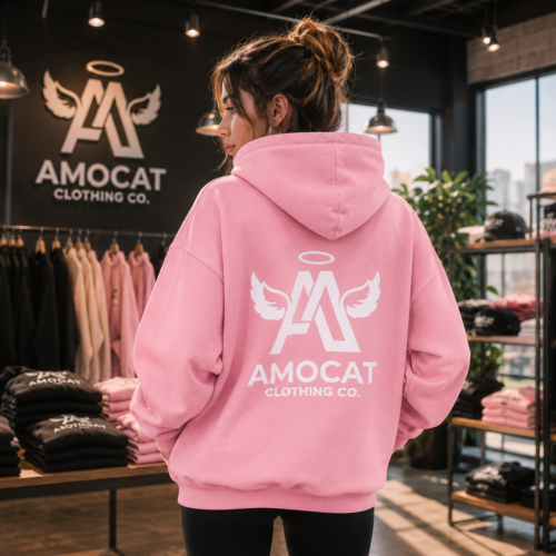 AMOCAT Premium Black Pullover Hoodie – Signature Angel Logo