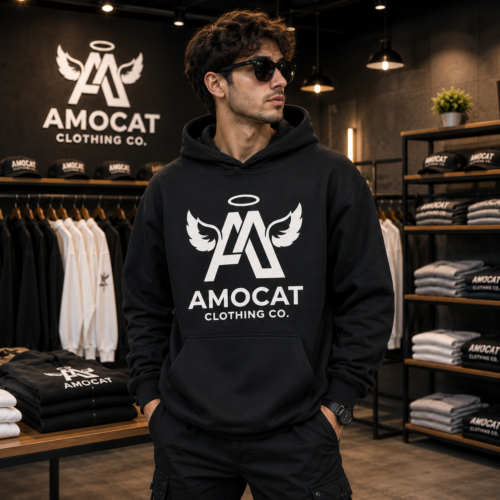 AMOCAT Premium Black Pullover Hoodie – Signature Angel Logo